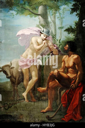Mercurio e Argus di Alejandro de la Cruz, creato nel 1773, illustra la storia mitologica di mercurio (Hermes) e Argus. Il dipinto cattura il momento in cui mercurio uccide il gigante vigile Argo, un tema classico della mitologia greca. Foto Stock