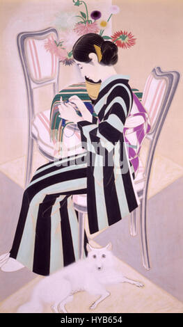 *Accanto ai Fiori* di Hayami Goshu è un dipinto giapponese che raffigura una scena Kabuki. L'artista cattura gli intricati costumi e le espressioni drammatiche tipiche del teatro Kabuki. Il lavoro di Goshu è celebrato per la sua rappresentazione della cultura tradizionale del teatro giapponese, mescolando design dettagliato con profondità emotiva. Foto Stock