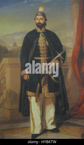Il ritratto di Abdulmecid i, creato da Rupen Manas, raffigura il sultano ottomano del XIX secolo. Questa opera d'arte cattura l'abbigliamento regale e la presenza dignitosa del sultano, riflettendo lo status e l'autorità dell'Impero ottomano durante il suo regno. Foto Stock