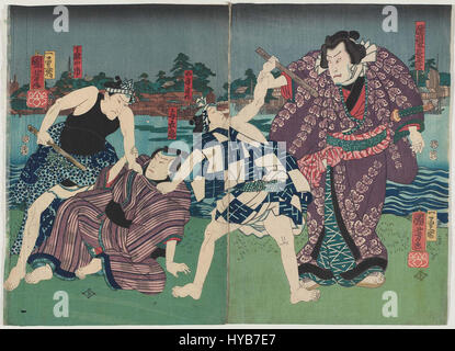 Questo spettacolo teatrale kabuki presenta Arashi Kichisaburo III nel ruolo di Nuregami Chogoro e Nakamura Fukusuke i nel ruolo di Yogoro, due ruoli iconici nel dramma tradizionale giapponese, che evidenziano un'intensa espressione emotiva. Foto Stock