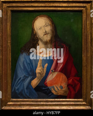 Salvator Mundi è un famoso dipinto attribuito a Leonardo da Vinci, raffigurante Cristo come il Salvatore del mondo. È ospitato presso il Met Breuer, dove vengono studiate la sua storia e provenienza. Foto Stock