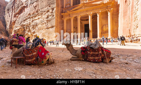 PETRA, GIORDANIA - Febbraio 21, 2012: cammelli e persone vicino al-Khazneh tempio (Tesoro) nell antica Petra. Rock-cut town Petra fu fondata circa Foto Stock