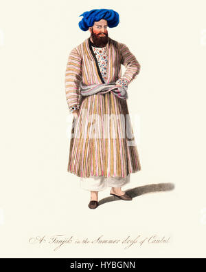 Vintage incisione a colori da 1819 mostra un uomo tagiko in abiti estivi di Kabul, Afghanistan. Foto Stock