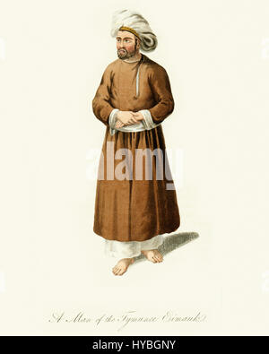 Vintage incisione a colori da 1819 mostra un uomo afgano del Tymunee Eimauks tribù Foto Stock
