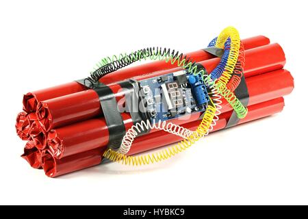 Bomba con timer digitale per il conto alla rovescia isolati su sfondo bianco Foto Stock