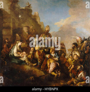Il dipinto di Charles de la fosse "l'Adoration des Mages" (1715) raffigura la scena biblica dell'adorazione del bambino Gesù da parte dei tre Re. L'opera esemplifica l'arte religiosa barocca, con la sua enfasi sul dramma, l'emozione e la luce divina. Foto Stock