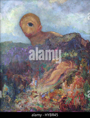 «Zyklop» di Odilon Redon, creato nel 1914, presenta un'immagine inquietante di una figura ciclopica in un paesaggio onirico. Il pezzo riflette l'interesse di Redon per il simbolismo, usando immagini surreali e toni scuri per evocare un senso di mistero e di ultraterrenità. La figura ciclopica è simbolo di isolamento e mente inconscia, un tema centrale nell'opera di Redon. Foto Stock