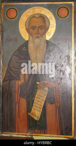 Questa icona di Simeon Molerov, trovata nella chiesa della Dormizione di Maria, raffigura San Ivan di Rila, un venerato santo bulgaro. L'icona mostra il tradizionale stile artistico ortodosso orientale e il simbolismo religioso. Foto Stock