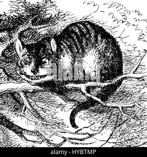 The Cheshire Cat, illustrato da John Tenniel per "Alice's Adventures in Wonderland" di Lewis Carroll, è un personaggio famoso noto per il suo sorriso malizioso e la sua capacità di scomparire e riapparire. Foto Stock