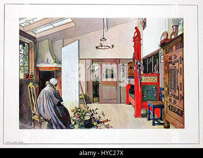"Ett hem 4" (A Home 4) di Carl Larsson del 1899 cattura un interno domestico nel suo stile caratteristico, mostrando la vita domestica svedese con dettagli intricati. Il dipinto esemplifica l'attenzione di Larsson sul calore familiare, la luce naturale e l'armonia nella vita di tutti i giorni. Foto Stock