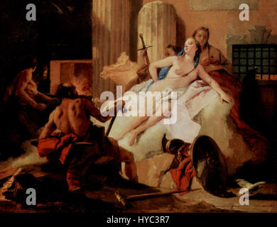 Giovanni Battista Tiepolo è stato un pittore rococò italiano, noto per i suoi grandi affreschi e le decorazioni del soffitto. Le sue opere combinano colori vivaci, disegni intricati e luce drammatica per rappresentare soggetti mitologici e religiosi. Tiepolo fu una figura chiave nell'evoluzione dello stile barocco e rococò. Foto Stock