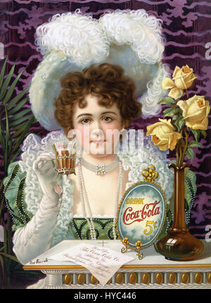 La pubblicità Coca-Cola del 1900 presenta l'iconico prezzo di 5 centesimi, che mostra il primo marchio dell'azienda di bibite gassate. Questo pezzo storico mette in evidenza le strategie di marketing iniziali della Coca-Cola e la sua comparsa nella cultura dei consumatori americani. Foto Stock