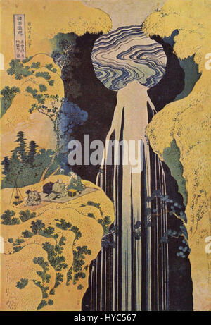 Le cascate Amida nei remoti della strada Kisokaidō, una stampa a blocchi di legno colorata di Katsushika Hokusai, un artista giapponese, circa 1827, della serie "Cascate nelle varie province". Foto Stock