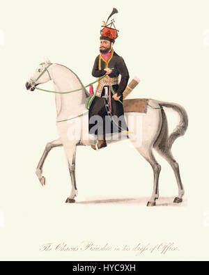 Vintage incisione a colori da 1819 mostra un ufficio afgano gentiluomo a cavallo Foto Stock