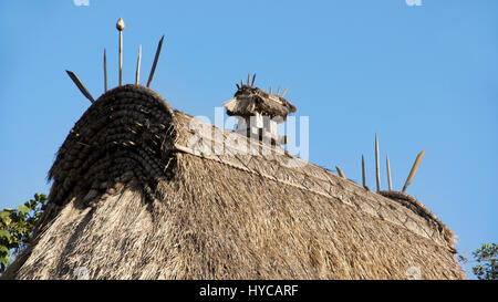 Dettagli sul tetto Bena villaggio tradizionale con erba di capanne di Ngada persone in Flores vicino a Bajawa, Indonesia. Foto Stock