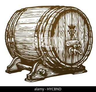 Disegnata a mano in legno botte di vino. Bere, botte di rovere sketch. Vintage illustrazione vettoriale Illustrazione Vettoriale