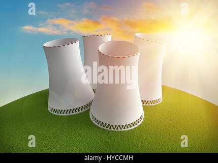 Un impianto ad energia nucleare sulla terra semplice con erba sotto il tramonto. 3D render illustrazione. Foto Stock