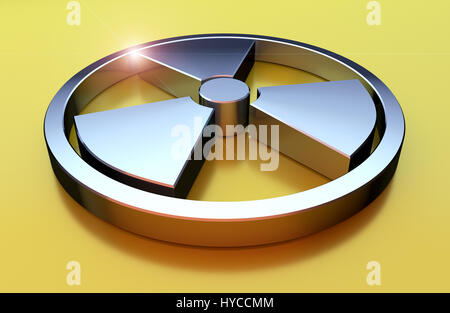 Simbolo nucleare. oggetto chrome su sfondo giallo. 3D render illustrazione. Foto Stock