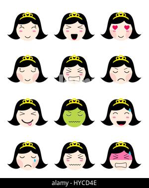 Carino raccolta emoji. Kawaii ragazza asiatica faccia umori diversi Illustrazione Vettoriale