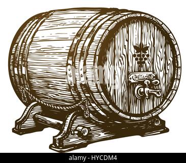 Disegnata a mano in legno botte di vino. Bere, botte di rovere sketch. Vintage illustrazione vettoriale Illustrazione Vettoriale