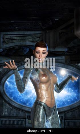 Il futuristico donna 3D render science fiction illustrazione Foto Stock