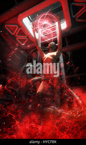 Futuristico spazio donna orrore 3D render science fiction illustrazione Foto Stock