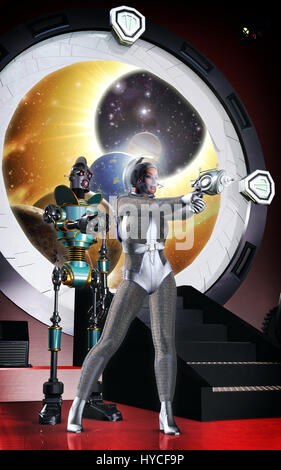 Donna futuristico e robot 3D render science fiction illustrazione Foto Stock