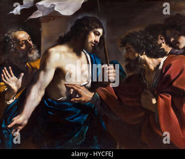 Incredulo Tommaso. 'L'Incredulità di San Tommaso di Guercino (Giovanni Francesco Barbieri : 1591-1666), olio su tela, 1621. Thomas Cristo tocca le ferite. Foto Stock