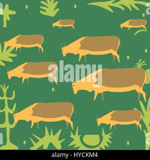 Abstract di allevamento allevamento di mucche marrone a fioritura primaverile prato. Vettore sfondo di campagna Illustrazione Vettoriale