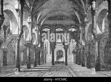 XIX secolo l'incisione della moschea-cattedrale di Cordoba interno, con architettura mista in Morish e stile gotico e riccamente decorata con archi in marmo e colonne Foto Stock