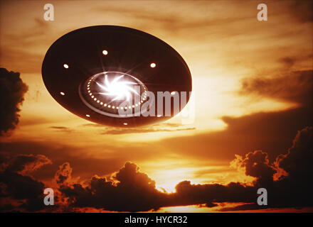3D illustrazione con la fotografia. Astronave aliena sotto il tramonto. Foto Stock