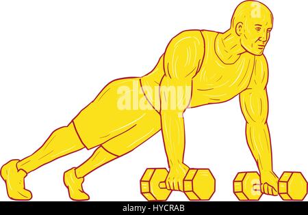 Schizzo di disegno illustrazione dello stile di un atleta che lavora fuori facendo push up con due mani dumbbell set isolato su sfondo bianco. Illustrazione Vettoriale