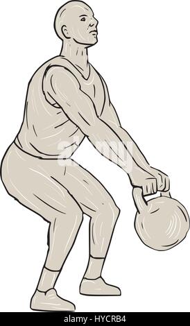 Schizzo di disegno illustrazione dello stile di un atleta weightlifter lavorando fuori squatting sollevamento kettlebell oscillante con entrambe le mani visto dal lato se Illustrazione Vettoriale