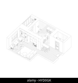 Disegno della linea di vista isometrica interno dell appartamento. Illustrazione Vettoriale