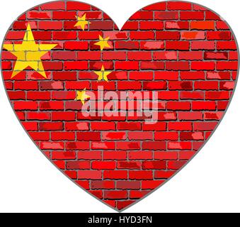 Bandiera della Cina su un muro di mattoni a forma di cuore - Illustrazione, bandiera cinese sul mattone sfondo testurizzato, Repubblica di Cina bandiera in stile di mattoni Illustrazione Vettoriale