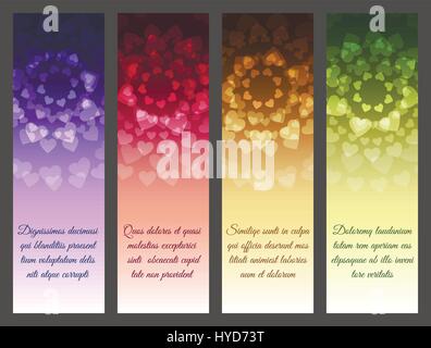 Vettore astratto Banner o modello brochure set. Forma di cuore pattern con i campioni di testo su vari background. Illustrazione Vettoriale