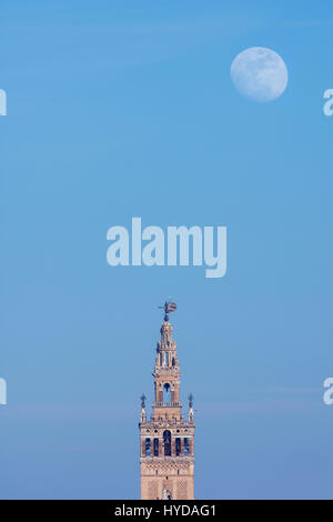 Spagna, Andalusia, Siviglia, sorgere della Luna sulla torre Giralda Foto Stock