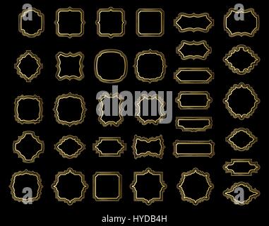 Bordi e cornici collezione d'oro, oro eleganti elementi decorativi vignetta tratteggiata segno, handdrawn ovale sul sfondo scuro Illustrazione Vettoriale