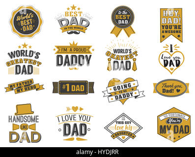 Isolate i padri felice giorno preventivi su uno sfondo bianco. Papà congratulazioni oro e black label, badge vettore collezione. I baffi, cappello, stelle elem Foto Stock