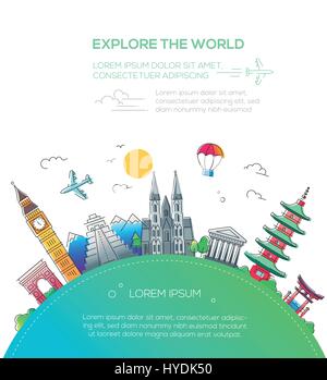 Esplorare il mondo - design piatto composizione di viaggio Illustrazione Vettoriale