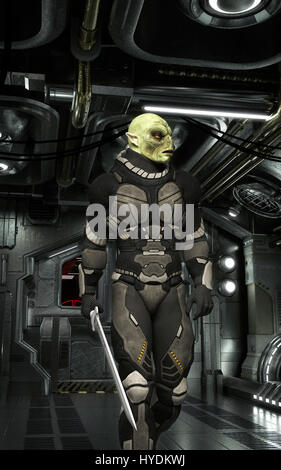 Alien soldier e astronave interni 3D render science fiction illustrazione Foto Stock