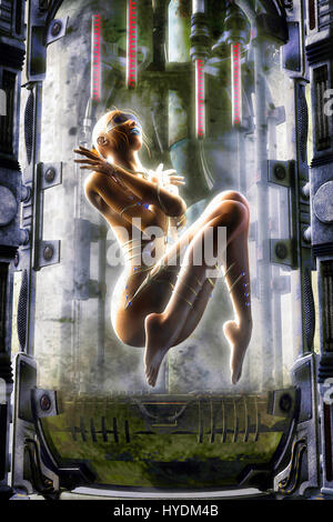 Animazione sospesa donna 3D render science fiction illustrazione Foto Stock