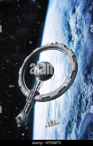 Stazione di spazio e pianeta 3D render science fiction illustrazione Foto Stock