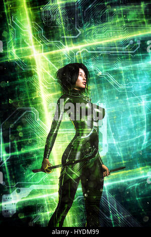 Cyberpunk girl 3D render science fiction illustrazione Foto Stock