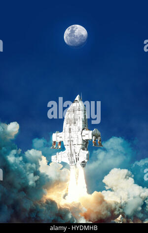 L'astronave di decollo e luna 3D render science fiction illustrazione Foto Stock