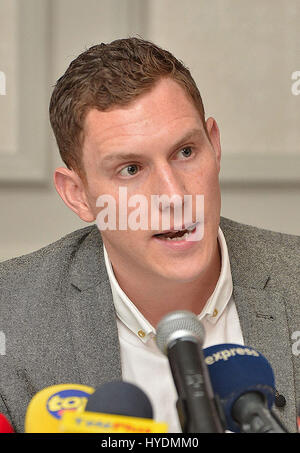 John McAreavey, vedovo di assassinati sposi in viaggio di nozze Michaela McAreavey, durante una conferenza stampa presso il Labourdonnais Hotel in Port Louis, Mauritius. Foto Stock