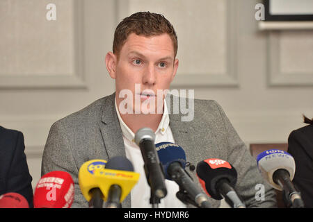 John McAreavey, vedovo di assassinati sposi in viaggio di nozze Michaela McAreavey, durante una conferenza stampa presso il Labourdonnais Hotel in Port Louis, Mauritius. Foto Stock