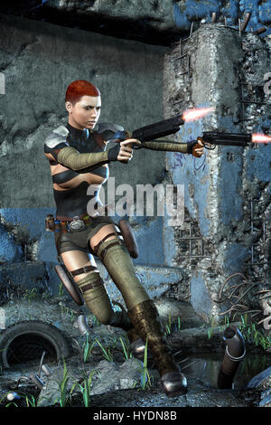 Ragazza futuristico cyberpunk rogue 3D render science fiction illustrazione Foto Stock