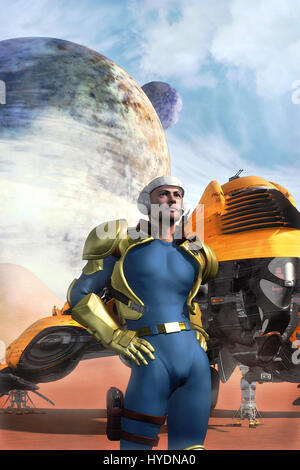 Eroe galattico e l'astronave 3D render science fiction illustrazione Foto Stock