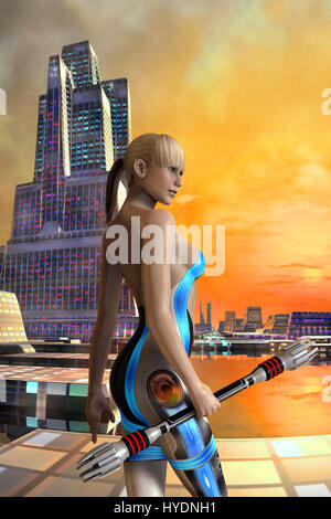 Futuro donna e città 3D render science fiction illustrazione Foto Stock